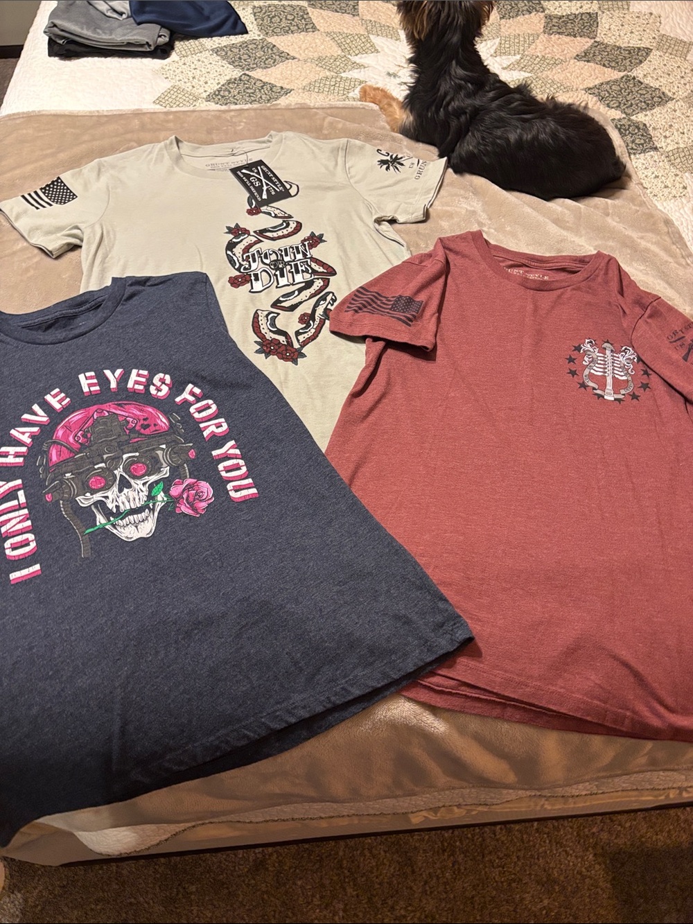 Women’s Grunt Style Navy, Beige & Reddish Graphic Short Sleeve Tees